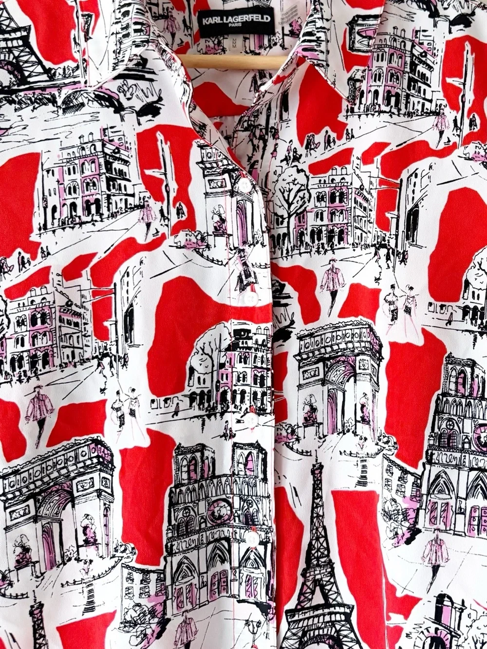Karl Lagerfeld Bungee-Sleeve Blouse Parisian Sketch Theme Print Size Medium - Picture 10 of 13